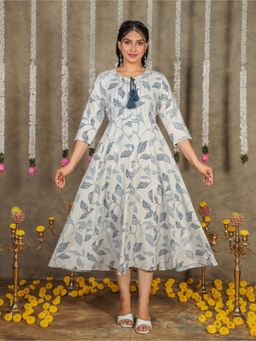 ARAMYA - Linen Cotton Flared Foliage Print Dress