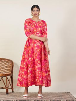 ARAMYA - Soft Cotton Anarkali Floral Print Dress