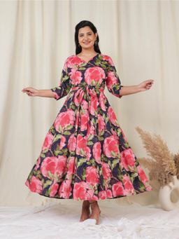 ARAMYA - Soft Cotton Flared Floral Print Dress