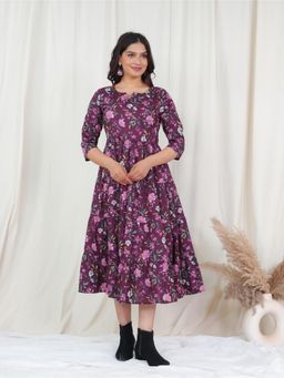 ARAMYA - Soft Cotton Anarkali Floral Print Dress