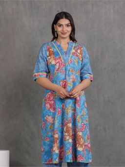 ARAMYA - Soft Cotton Flared Floral Print Kurta