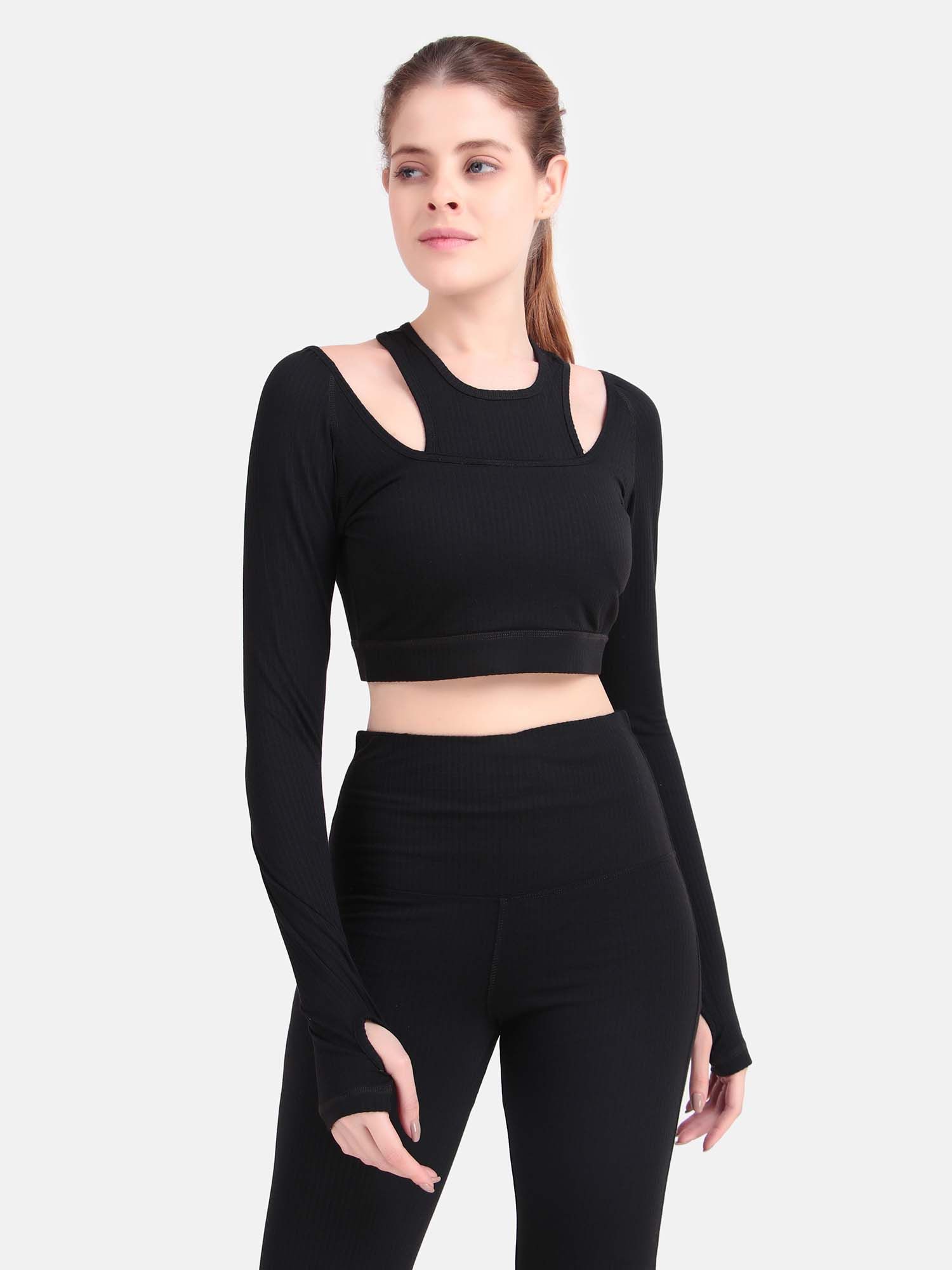 Women Black Textured Power Move Cutout T-shirt-image-5