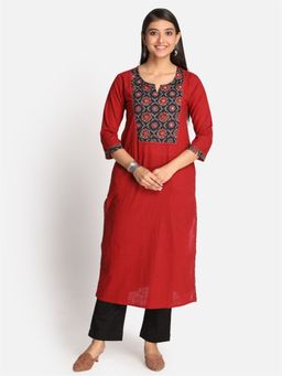 EARTHWEAR - Hand Embroidered Mirror Work Cotton Red Kurta