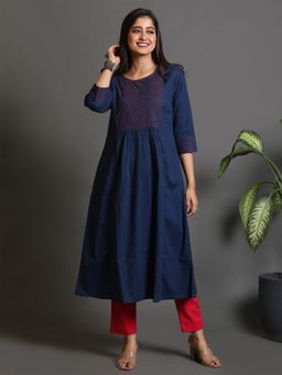 EARTHWEAR - Hand Embroidered Cotton A-Line Blue Kurta
