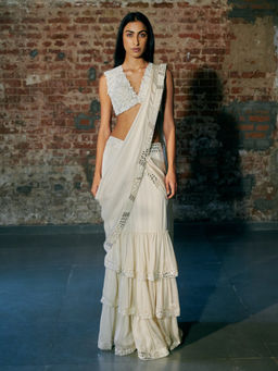 Asaga - Women Ivory Florz Pre Draped Saree with Stitched Blouse