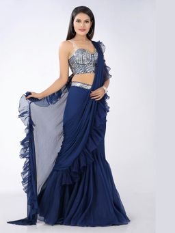 Asaga - Women Navy Blue Tazmeen Pre Draped Saree with Stitched Blouse