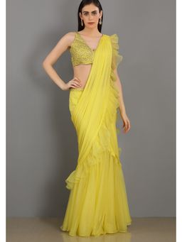 Asaga - Women Yellow Shaam Pre Draped Saree with Stitched Blouse