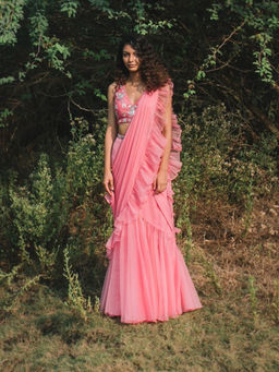 Asaga - Women Pink Gul-Rez Pre Draped Saree with Stitched Blouse
