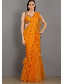 Asaga - Women Orange Shezan Pre Draped Saree with Stitched Blouse