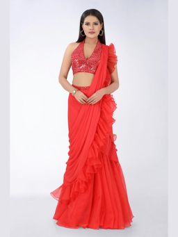 Asaga - Women Red Asagai Pre Draped Saree with Stitched Blouse