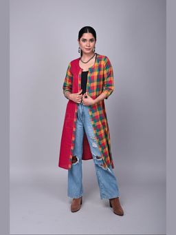 EARTHWEAR - Checks Hand Embroidered Handloom Cotton Multicolour Kurta