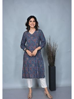 EARTHWEAR - Ajrakh Hand Block Printed Hand Embroidered Cotton A-Line Indigo Kurta