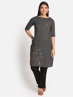 EARTHWEAR - Checks Floral Hand Embroidered Cotton Black Kurta