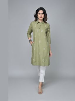 EARTHWEAR - Handwoven Shirt Collar Green Kurta