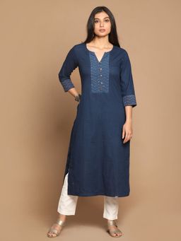EARTHWEAR - Hand Embroidered Straight Fit Indigo Kurta