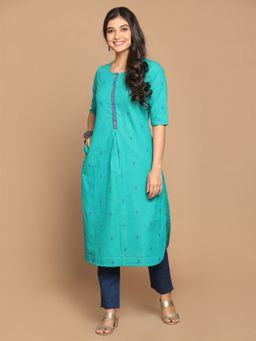 EARTHWEAR - Hand Embroidered Cotton Straight Cut Turquoise Kurta