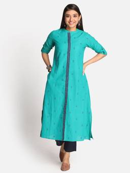 EARTHWEAR - Printed Hand Embroidered Dobby Turquoise Kurta
