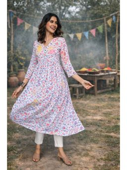 EARTHWEAR - Floral Printed Cotton Anarkali White Kurta