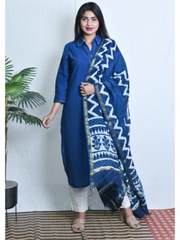 EARTHWEAR - Hand Embroidered Cotton Straight Cut Shirt Collar Blue Kurta