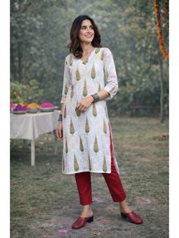 EARTHWEAR - Leaf Printed Cotton Straight Cut White Kurta
