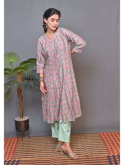 EARTHWEAR - Chanderi Silk Front Open Kalida Green Kurta