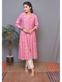 EARTHWEAR - Chanderi Silk Front Open Kalida Pink Kurta
