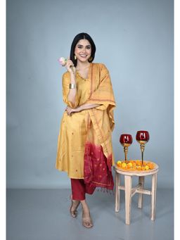 EARTHWEAR - Hand Embroidered Tassar Silk A-Line Mustard Kurta