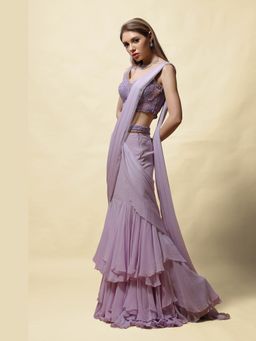 Asaga - Women Lavender Radha Pre Draped Saree with Belt and Stitched Blouse