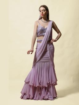 Asaga - Women Lavender Rasika Pre Draped Saree with Belt and Stitched Blouse