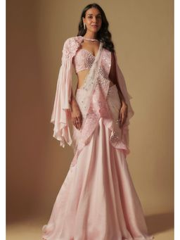 Asaga - Women Pink Zenith Pre Draped Saree with Stitched Blouse and Cape