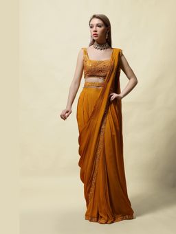 Asaga - Women Mustard Gopika Pre Draped Saree with Belt and Stitched Blouse