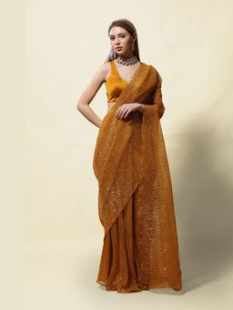 Asaga - Women Mustard Sundari Pre Draped Saree with Stitched Blouse