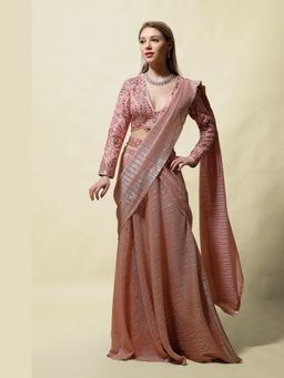 Asaga - Women Pink Gehani Pre Draped Saree with Belt and Stitched Blouse