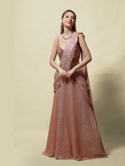 Asaga - Women Pink Bhakti Pre Draped Saree with Stitched Blouse and Belt