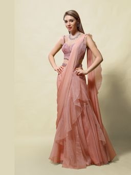 Asaga - Women Pink Isvari Pre Draped Saree with Belt and Stitched Blouse