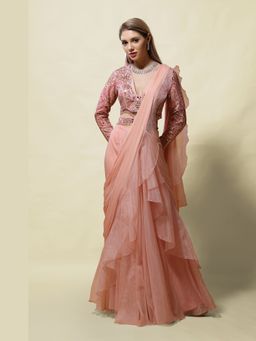 Asaga - Women Peach Rati Pre Draped Saree with Belt and Stitched Blouse