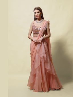 Asaga - Women Peach Sirsa Pre Draped Saree with Stitched Blouse and Belt