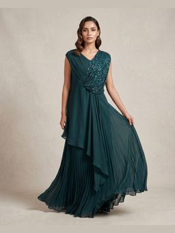 "Two Sisters" by Gyans - Teal Green Georgette Draped Gown with Sequin