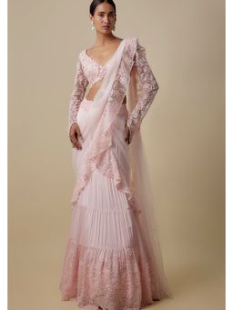 Asaga - Women Pink Finerly Drapes Aree with Stitched Blouse
