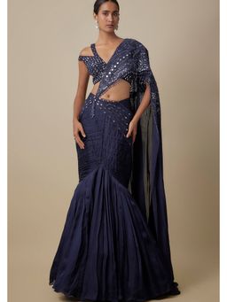 Asaga - Women Navy Blue Cadent Drape Saree with Stitched Blouse