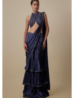 Asaga - Women Navy Blue Drape Saree with Stitched Blouse