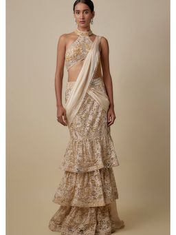 Asaga - Women Beige Beeline Drape Saree with Stitched Blouse