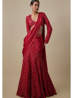 Asaga - Women Red Vano Drape Saree with Stitched Blouse