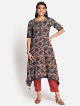 EARTHWEAR - Ajrakh Hand Block Printed Hand Embroidered Cotton Indigo Kurta