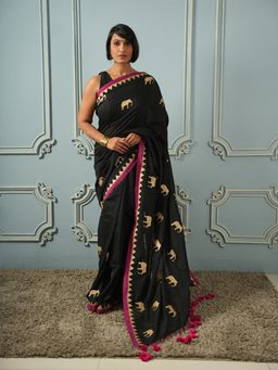 Shobitam - Black Gaja Drape Saree with Unstitched Blouse