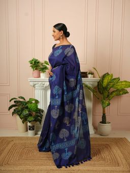 Shobitam - Blue Tree Of Life Hand Block Cotton Drape Saree with Unstitched Blouse