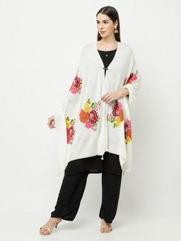 KnitStudio - Off White Floral Self Design Knitted Shawl