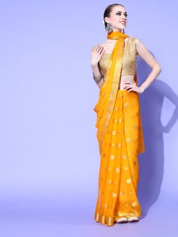 Akhilam - Womens Nylon Mustard Woven Designer Saree with Unstitched Blouse