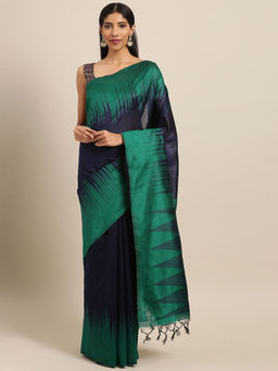 Stylee LIFESTYLE - Navy Blue Ikkat Silk Jacquard Saree With Blouse Piece
