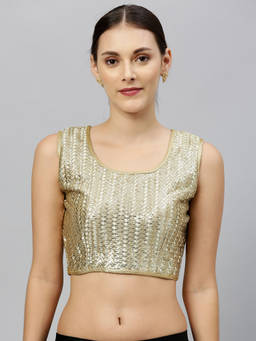 Amrutam Fab - Womens Sequence Embroidered Beige Silk Blouse Round Neck